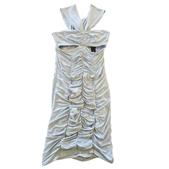 BCBGMAXAZRIA Baby Blue Ruched Bodycon Midi Dress Off-Shoulder Cut-Out S - Picture 3 of 5